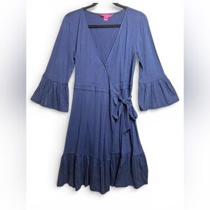 Lilly Pulitzer Misha Wrap Dress Navy Blue, Bell Sleeve, Ruffle Hem, Size M